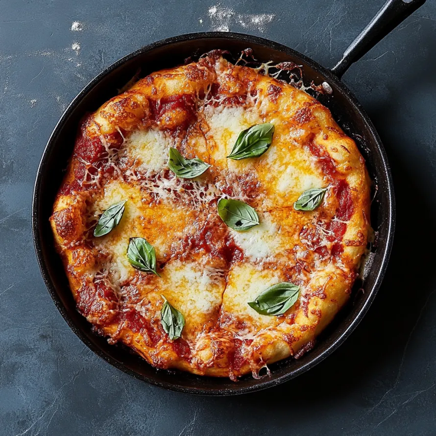 Uma pizza com queijo e manjericão por cima.
