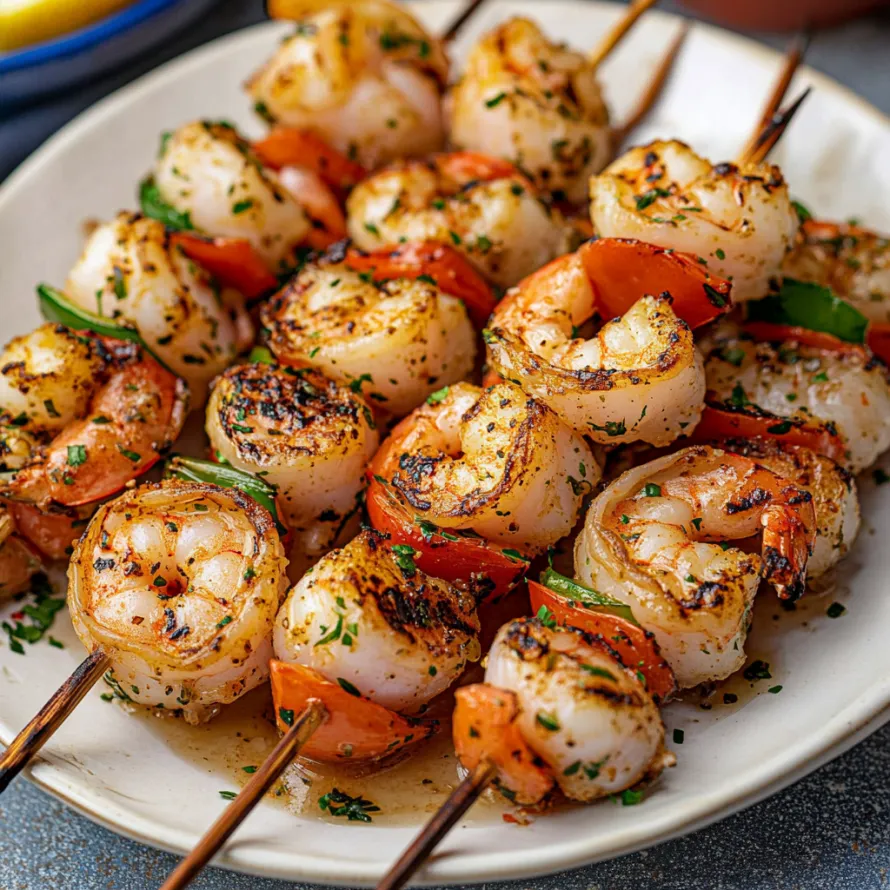 Um prato de espetinhos de camarão com tomates e ervas.