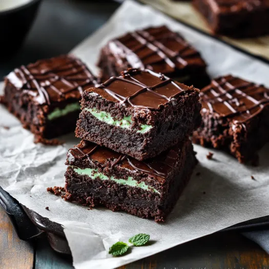 Um close de brownie de chocolate com folhas de menta por cima.