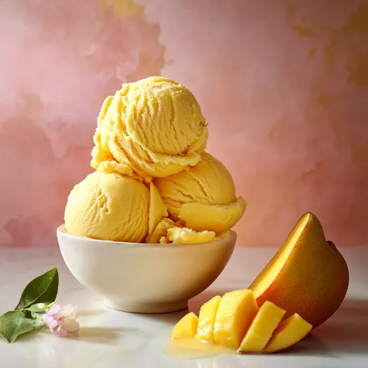 Uma taça de gelado com uma fatia de laranja descascada por cima.