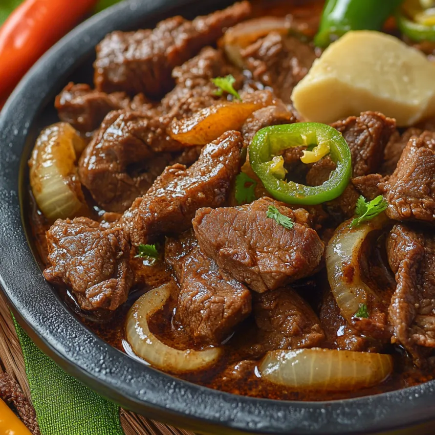 Prato com carne, pimentões e cebolas.