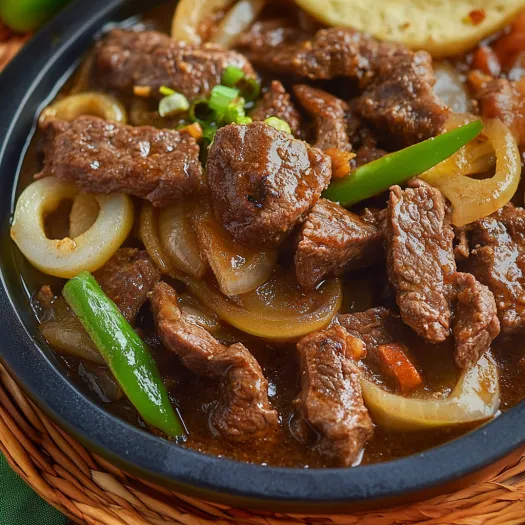 Uma tigela de carne cozida com cebolas e pimentões.