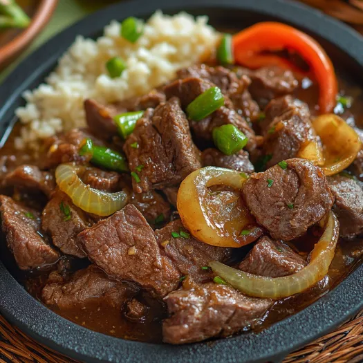 Uma tigela de carne com arroz.