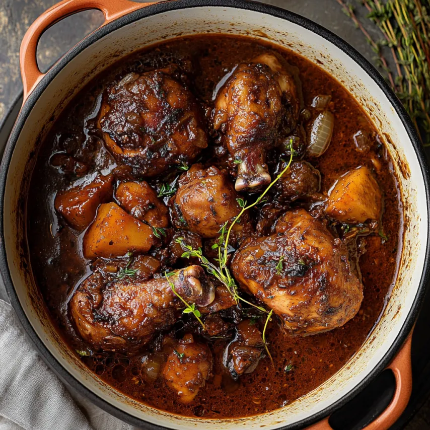 Uma panela com frango e legumes.