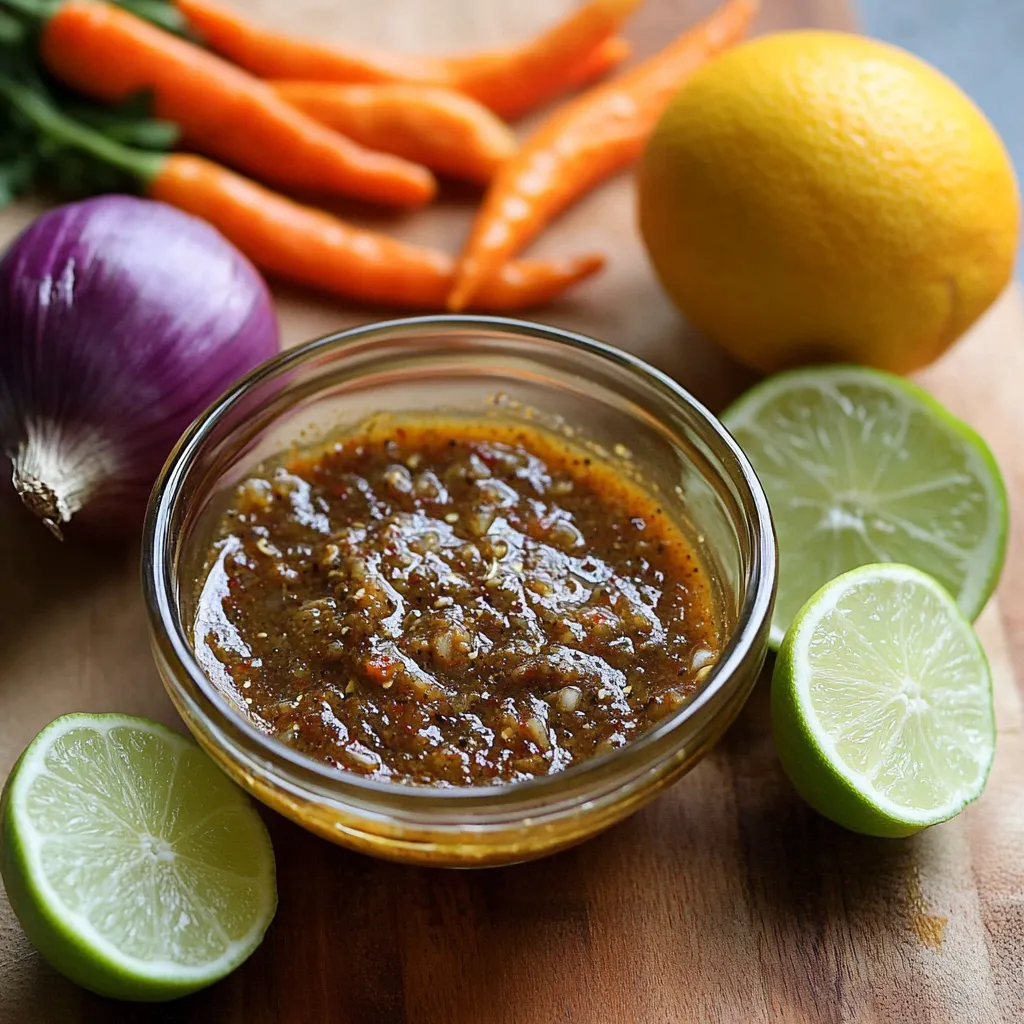 Uma tigela de molho com cenouras e limas.