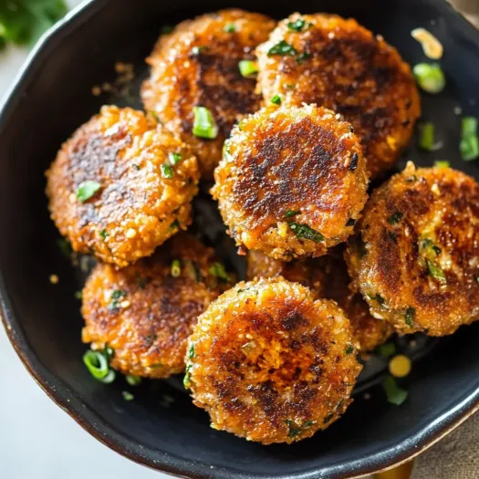Uma tigela de bolinhas de atum com cebolinha.