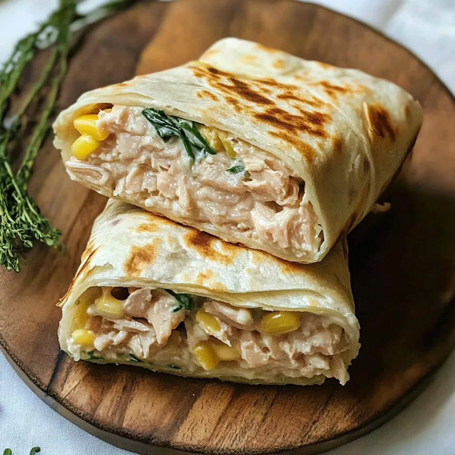 Dois wraps com frango e milho numa mesa de madeira.