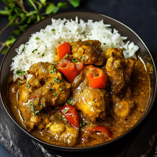 Uma tigela de arroz com frango ao caril.