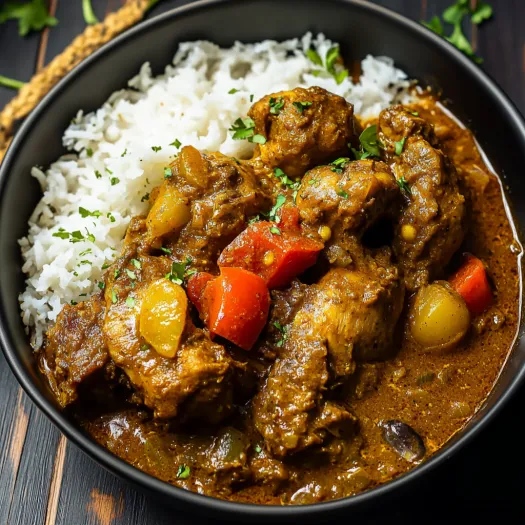 Uma tigela de arroz com frango ao caril.