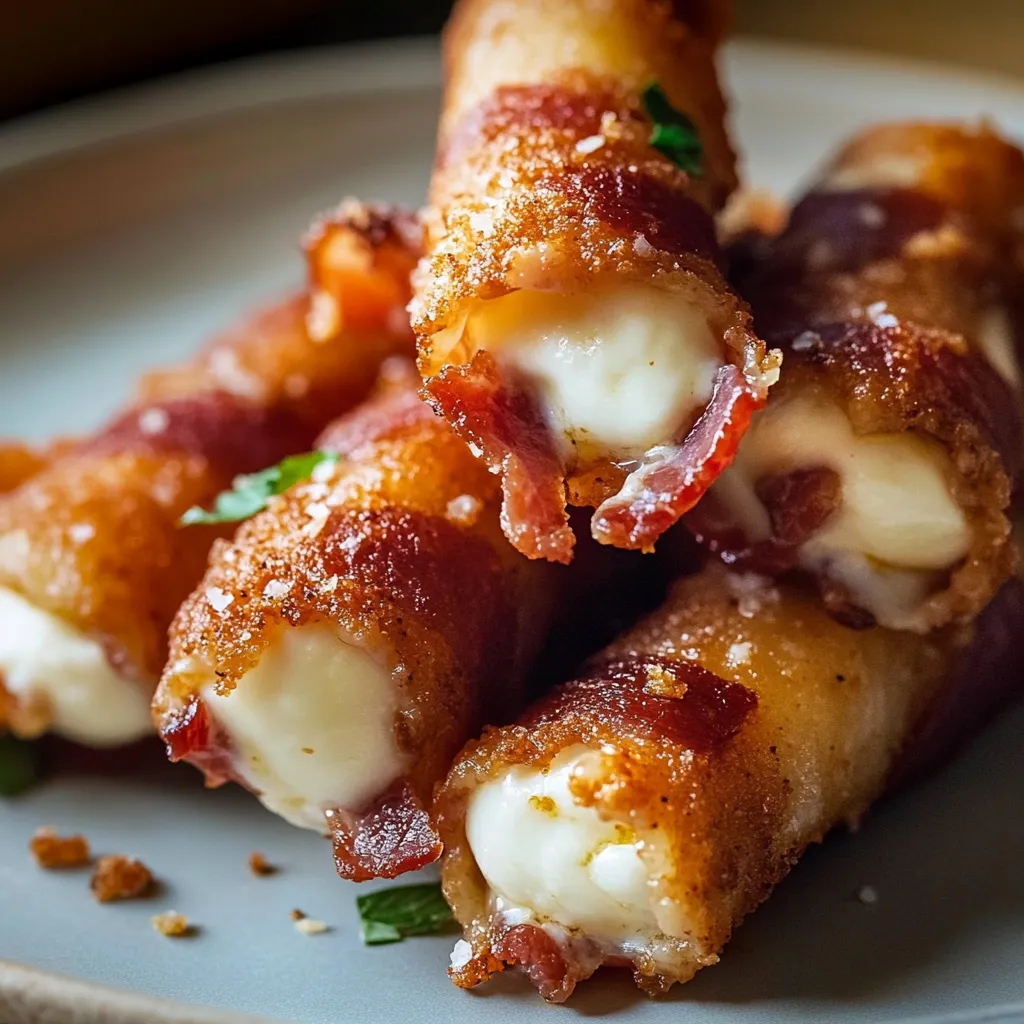 Mozarela enrolada no bacon em um prato.