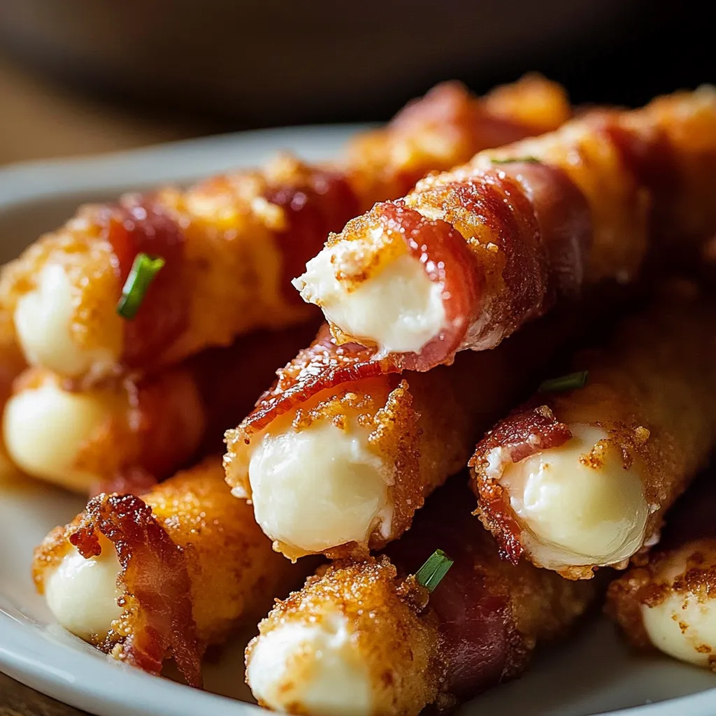 Palitos de queijo enrolados em bacon num prato.