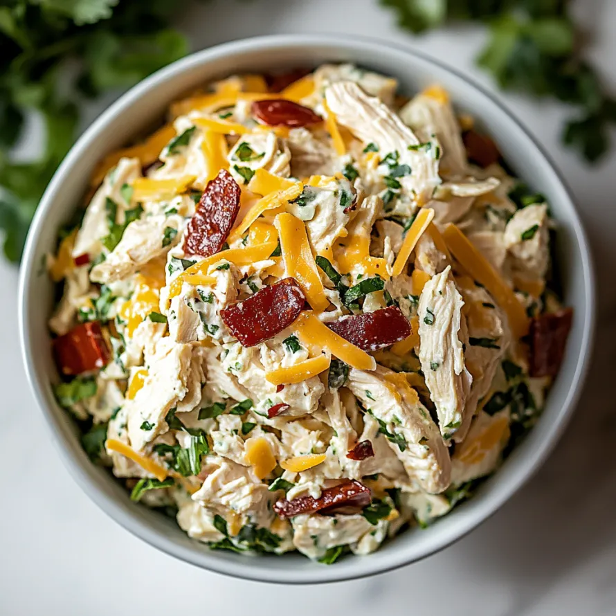 A bowl of chicken salad with cheese and bacon.