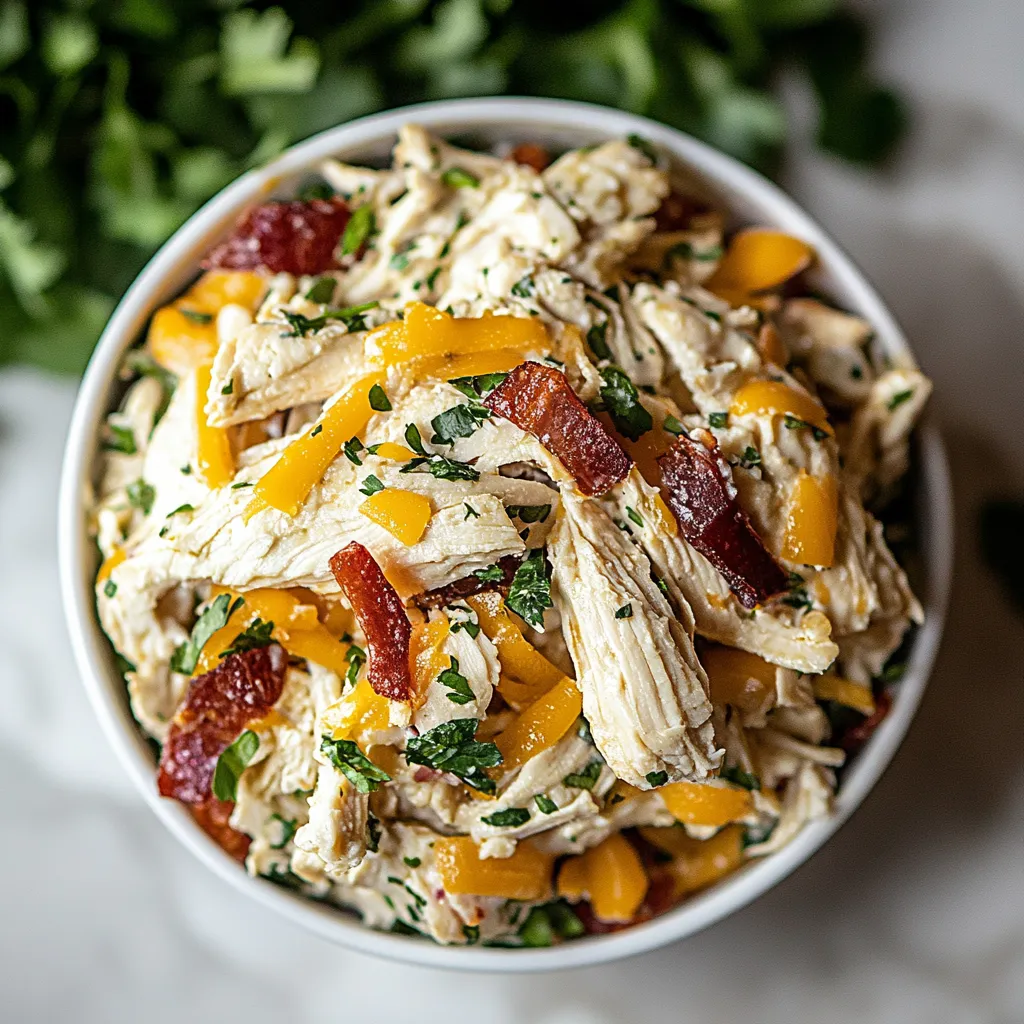 A bowl of chicken salad with bacon.