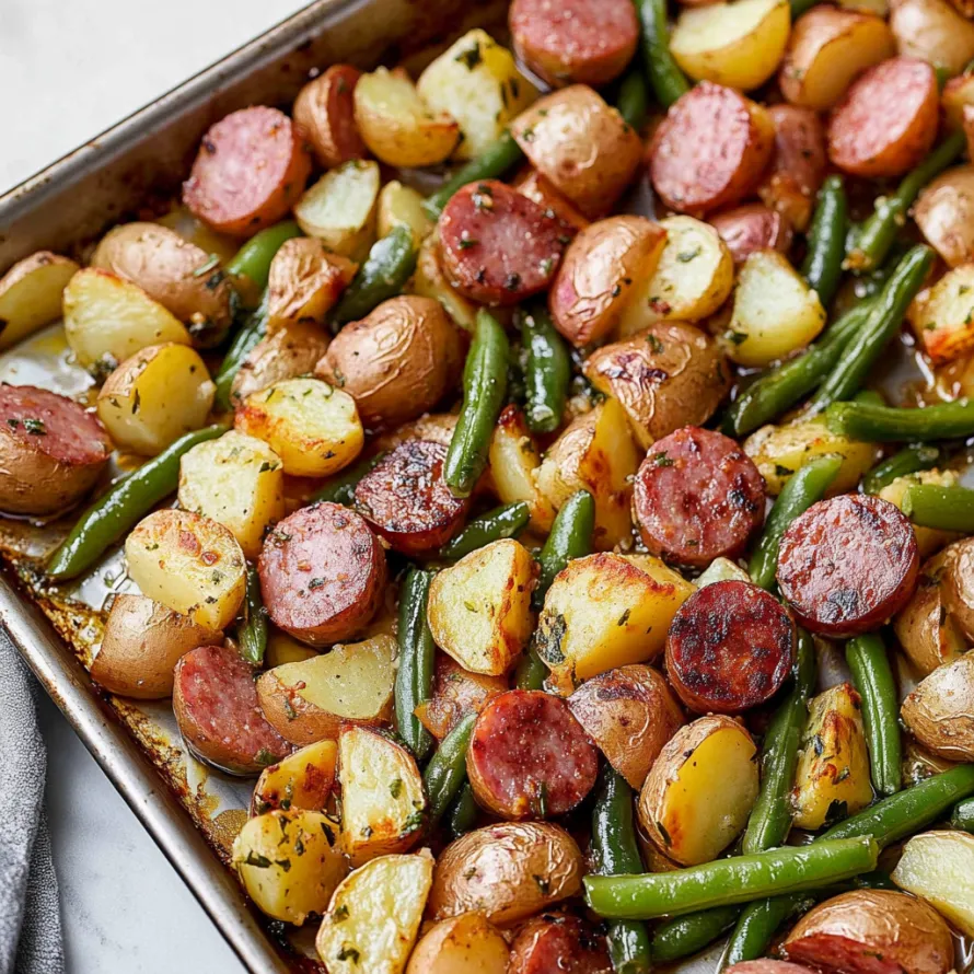 Uma assadeira cheia de comida com batatas, vagens e linguiça.