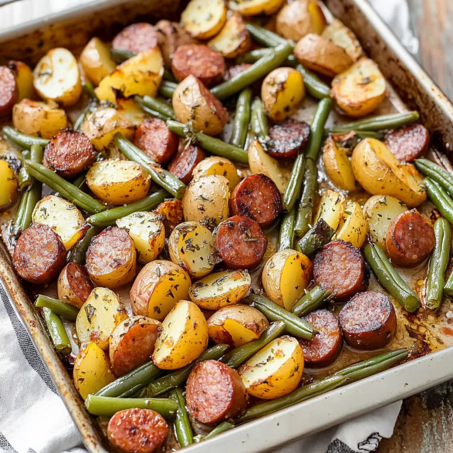 Um tabuleiro com batatas, feijão verde e chouriço.