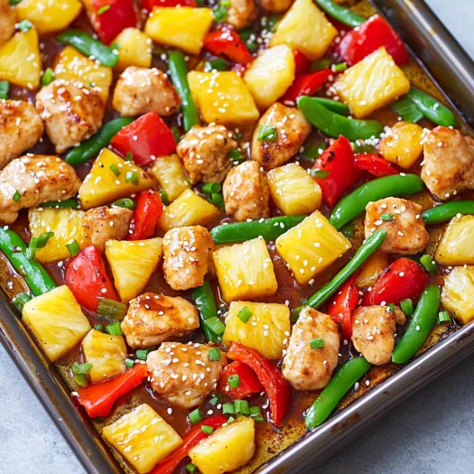 Uma assadeira com frango, pimentos e abacaxi.