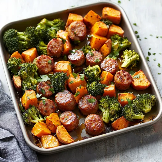 A pan of food with broccoli and sausage.