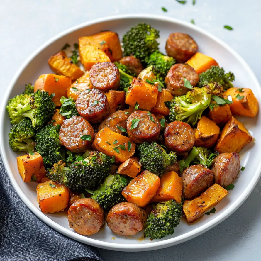 A plate of food with sausage, broccoli, and carrots.