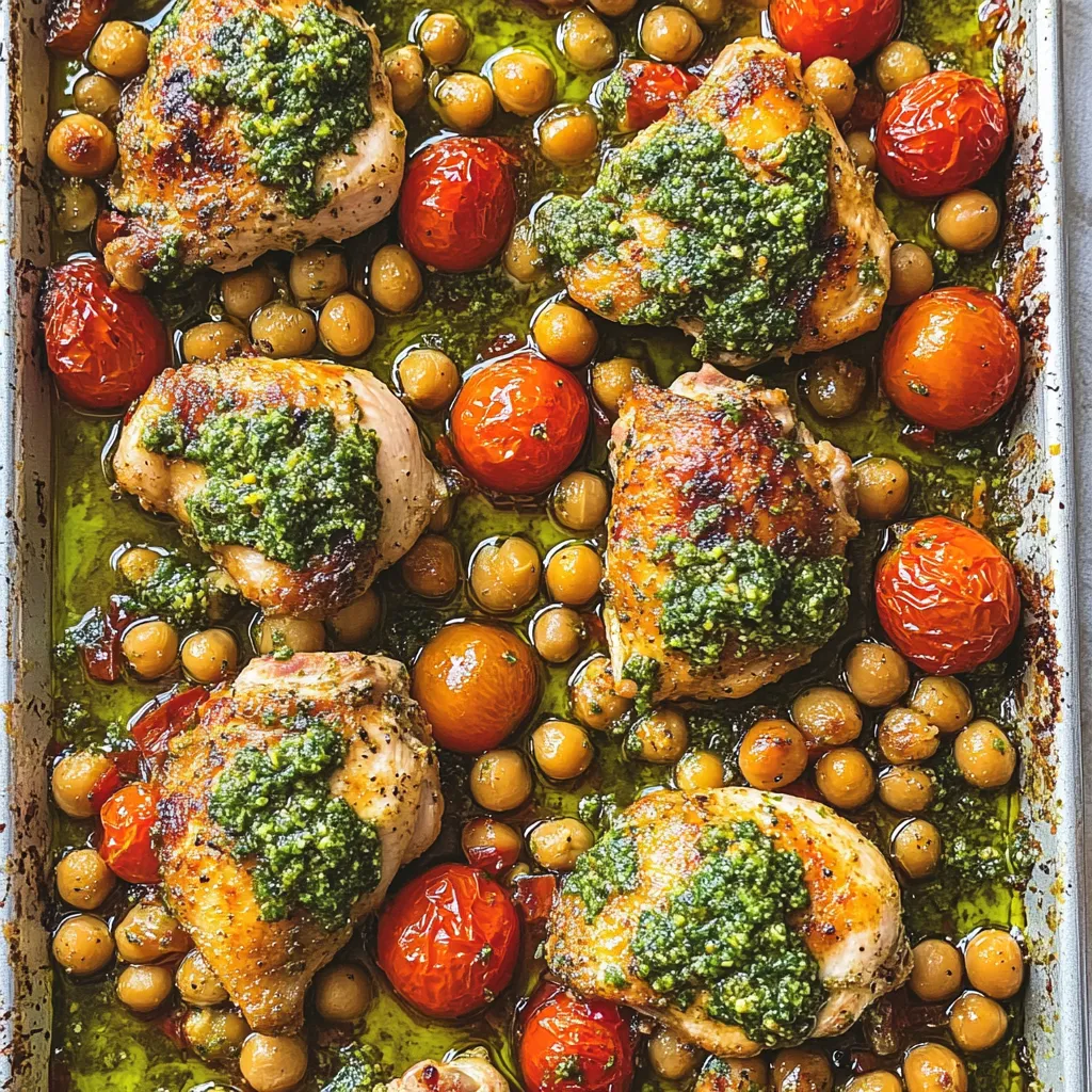 Uma assadeira com frango e pesto.
