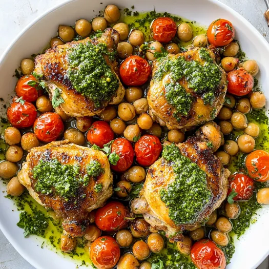 Um prato de frango com tomates e molho verde.