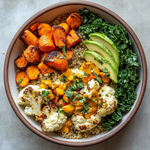 Uma tigela com alimentos, vegetais e quinoa.