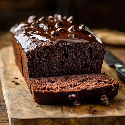 Uma fatia de bolo de chocolate numa tábua de madeira.