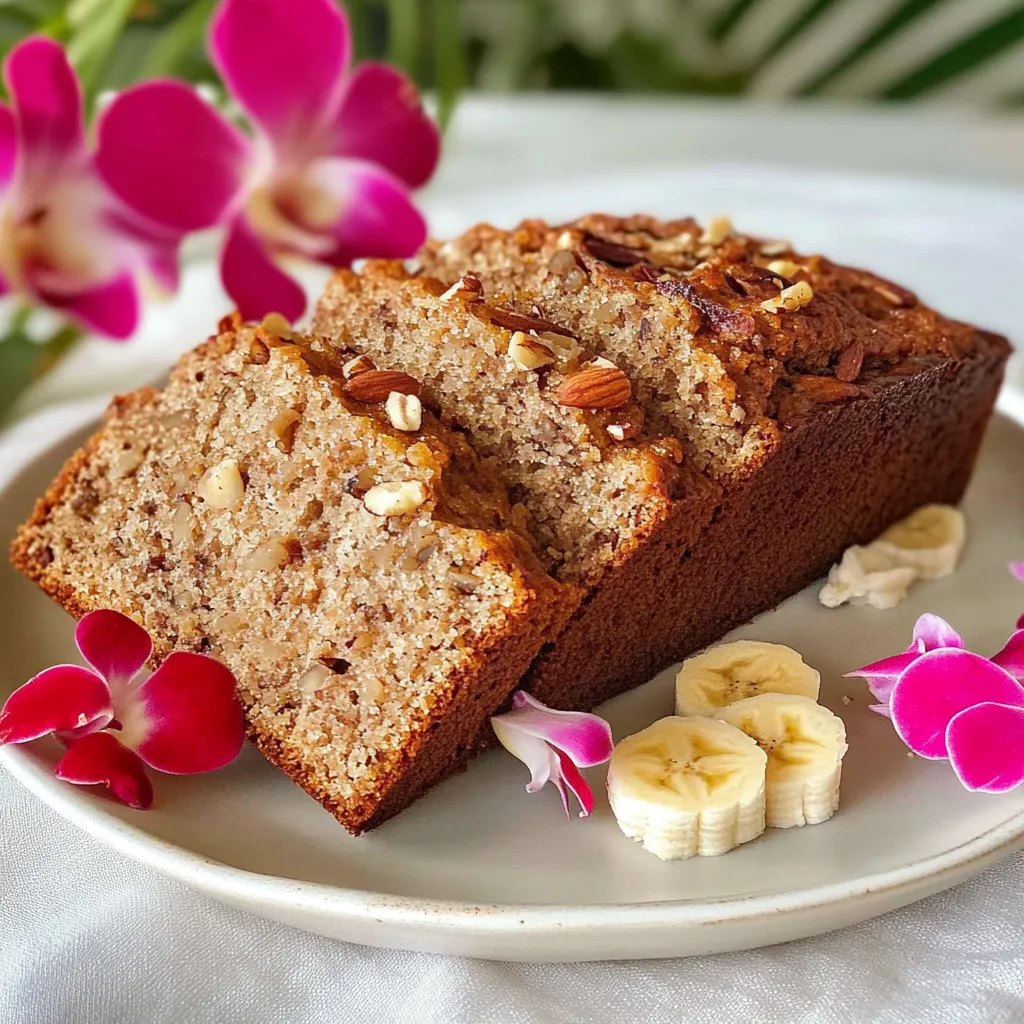 Uma fatia de pão de banana com nozes num prato.