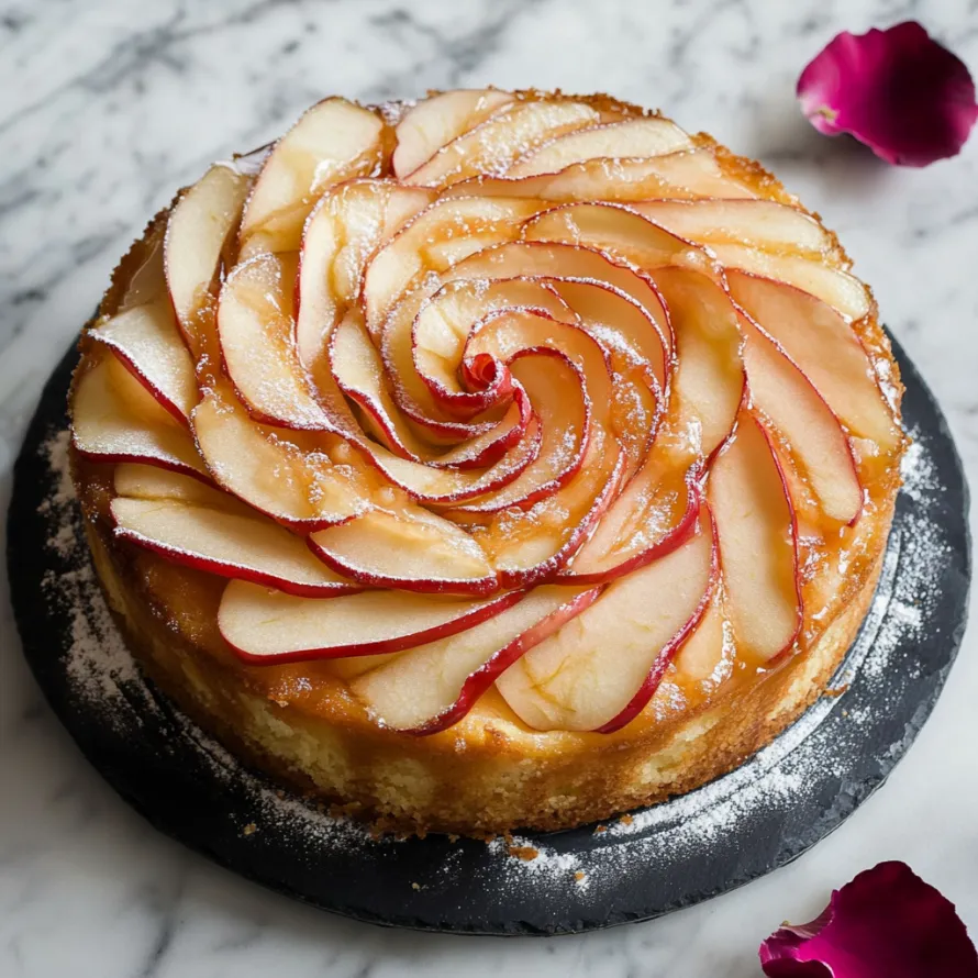 Um bolo com uma rosa no topo.