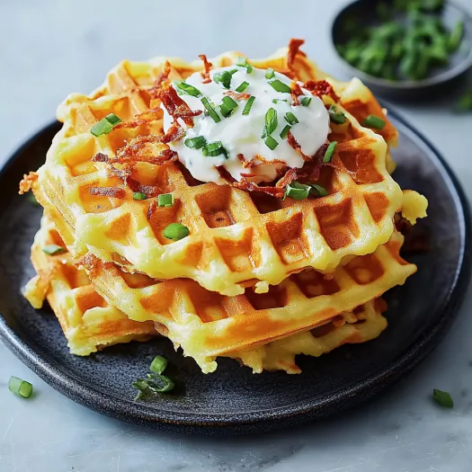 Uma pilha de waffles com molho branco por cima.
