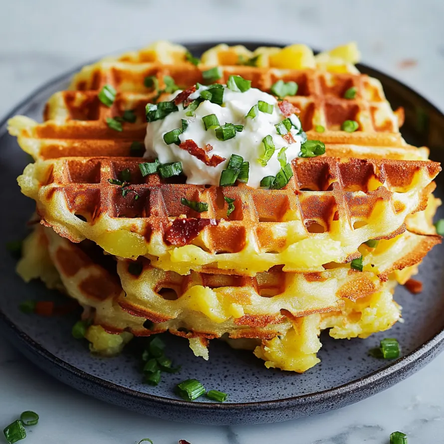Um waffle com queijo branco e cebolinho.