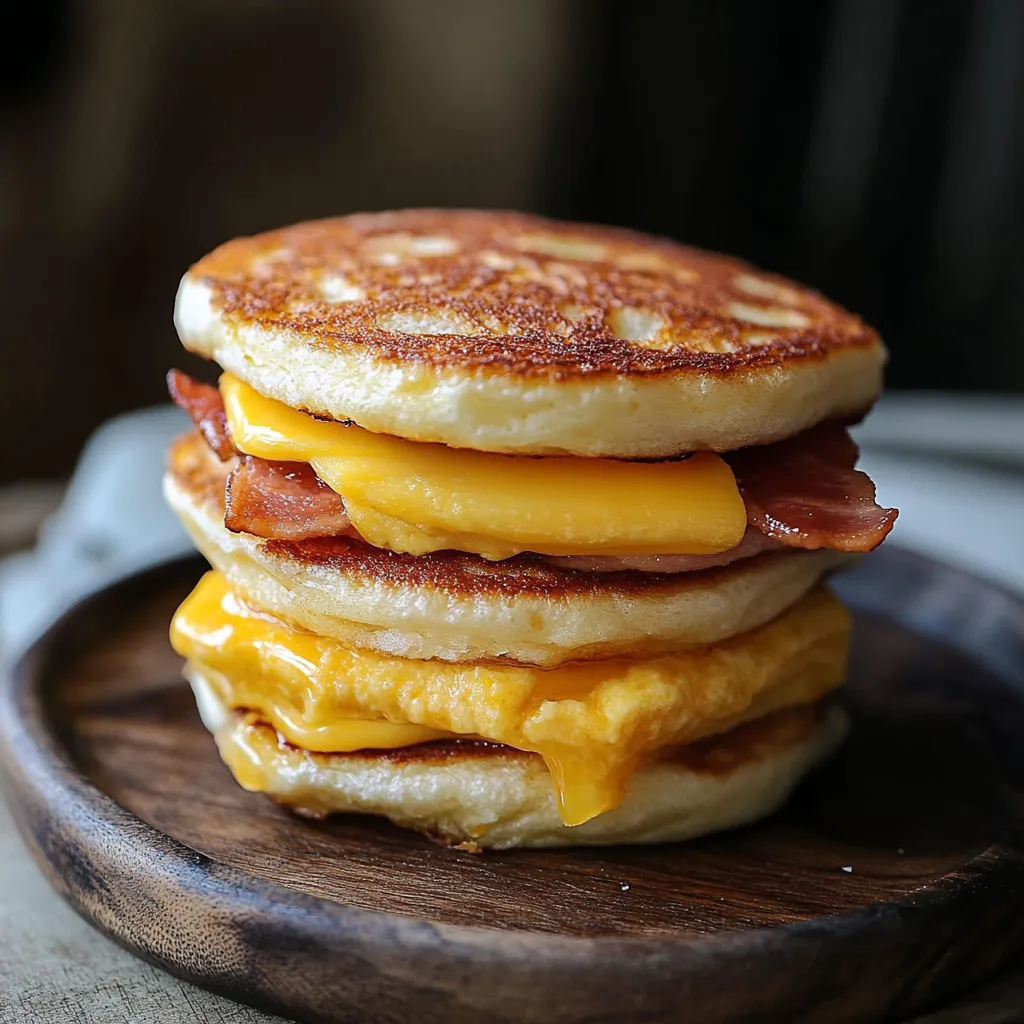 Três panquecas empilhadas recheadas com queijo e bacon.