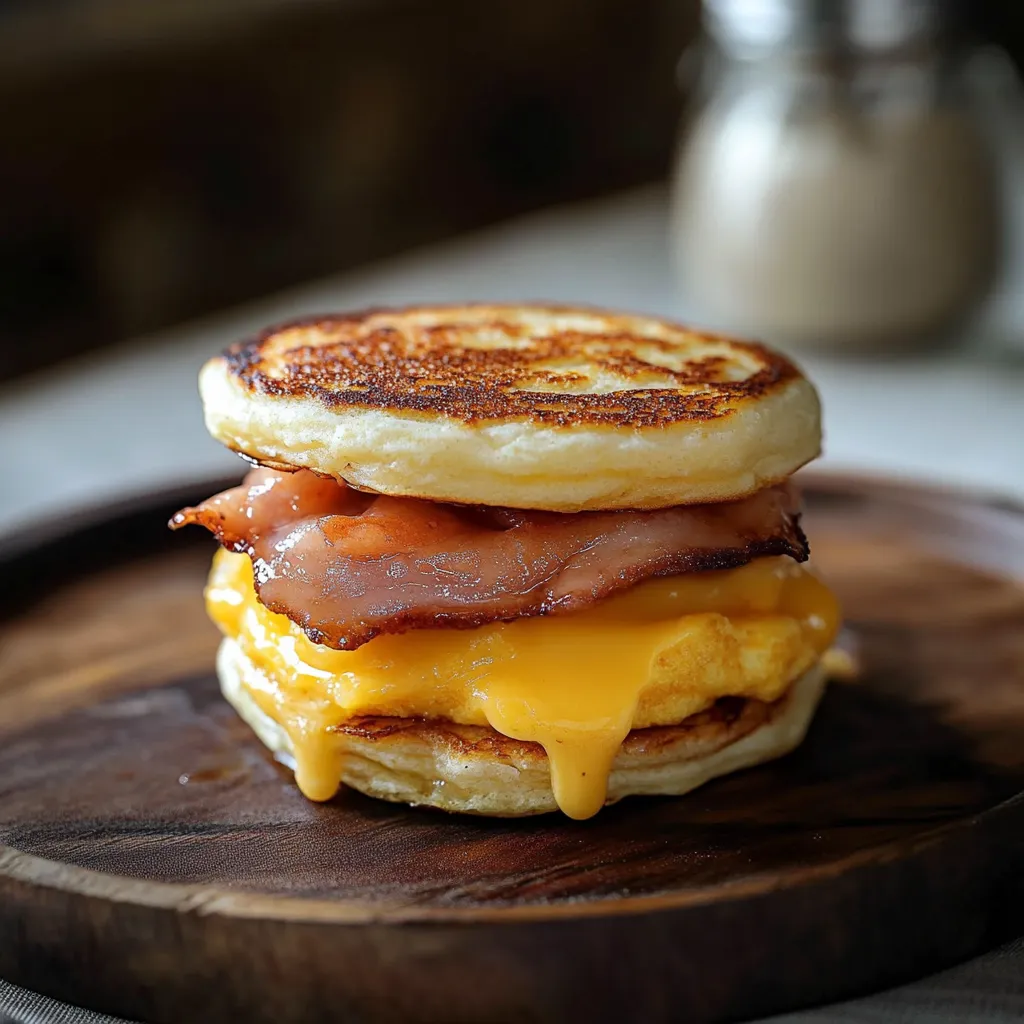 Um sanduíche de café da manhã com bacon e queijo numa tábua de madeira.