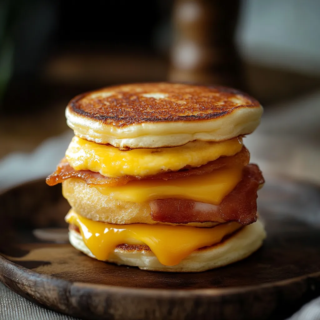 Uma pilha de três panquecas com bacon por cima.