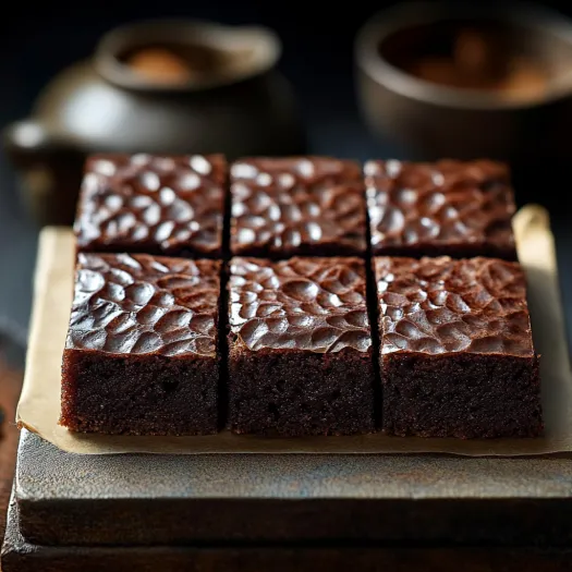 Um quadrado de bolo de chocolate sobre uma bandeja de madeira.