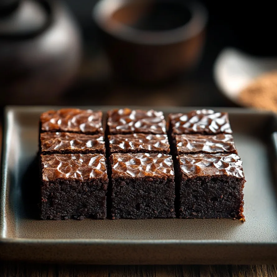 Um quadrado de bolo de chocolate num prato.