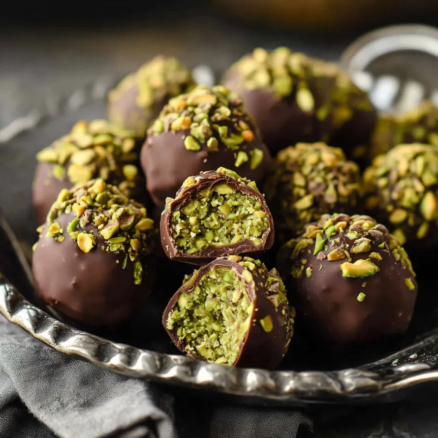 Um prato com bolinhas de chocolate cobertas com pedacinhos verdes.
