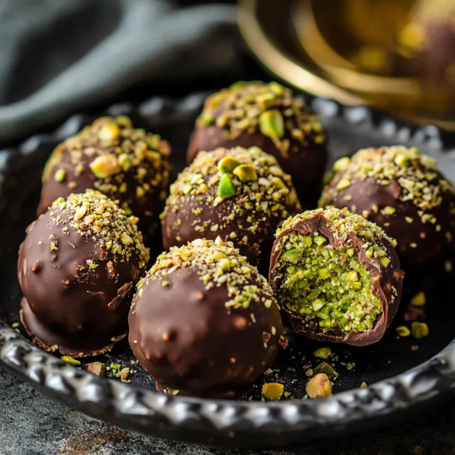 Um prato de bolinhas de chocolate com frutos secos por cima.