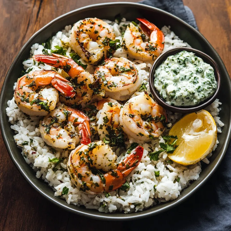 Uma tigela de camarão com arroz e fatia de limão.