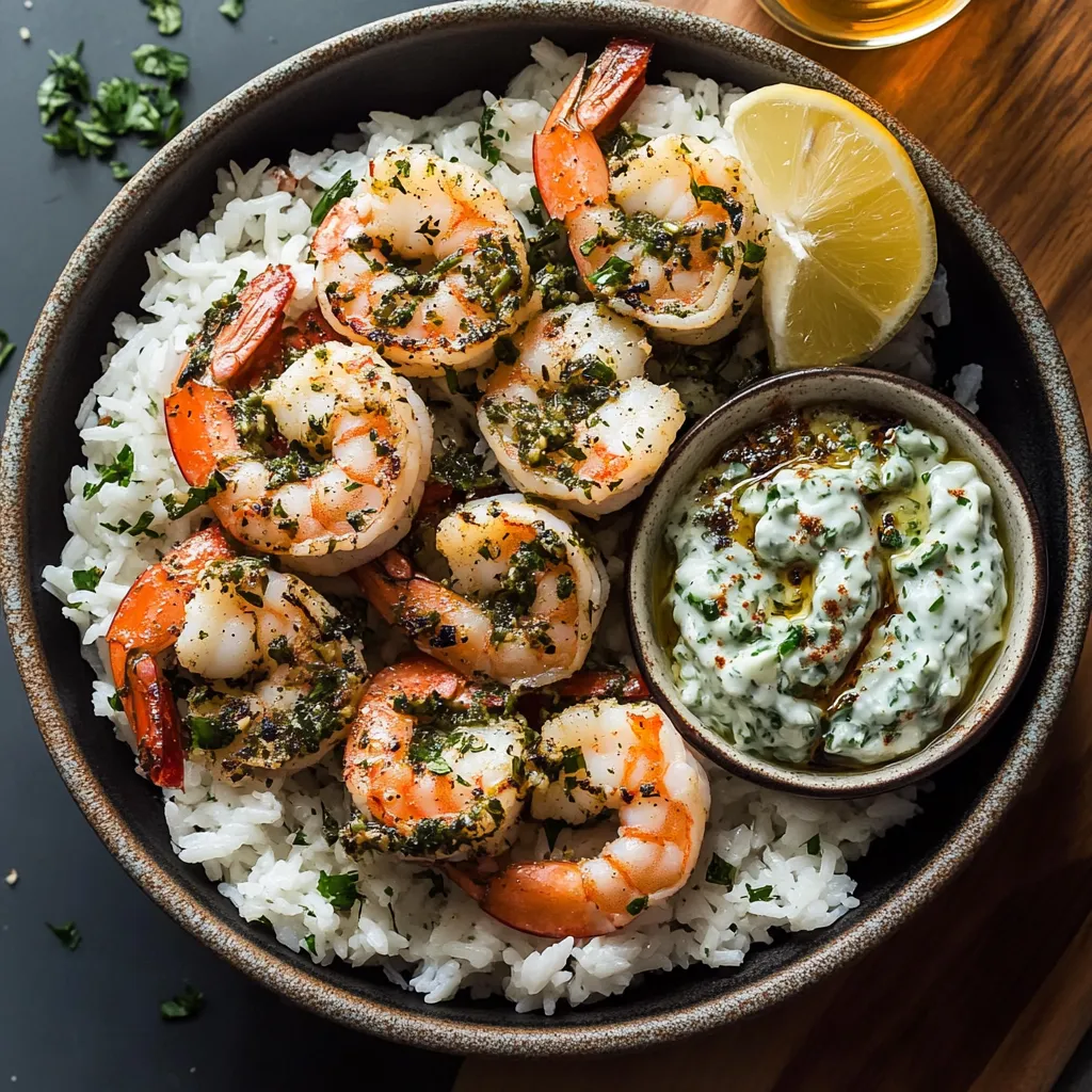 Uma tigela de camarão com arroz e um pedaço de limão.