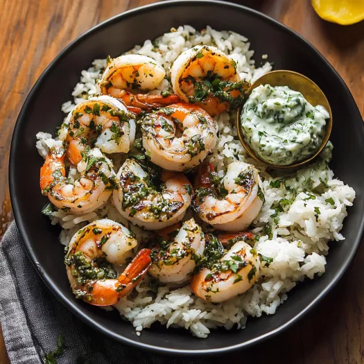 Uma tigela de camarão com arroz.