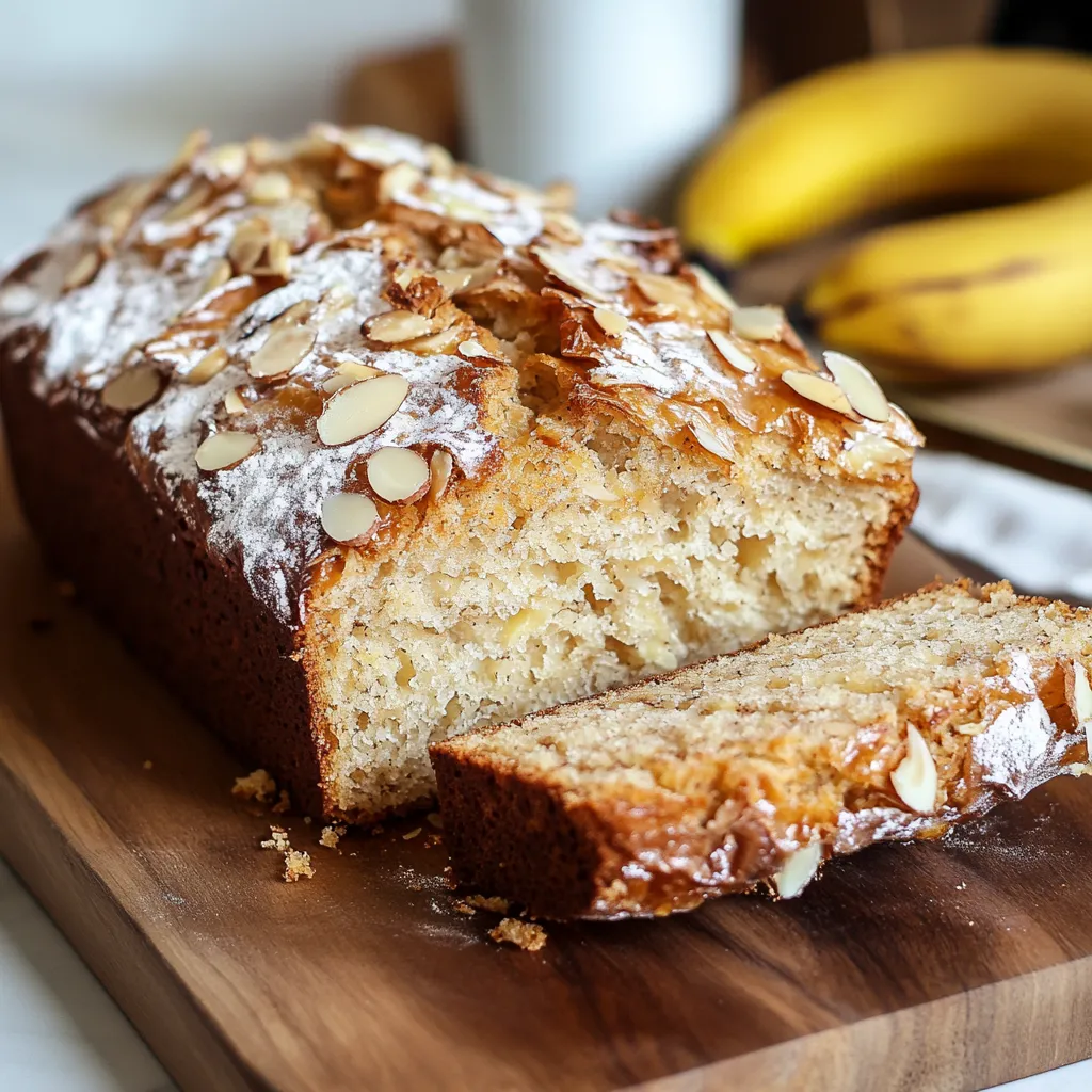 Uma fatia de pão de banana sobre uma tábua de madeira.