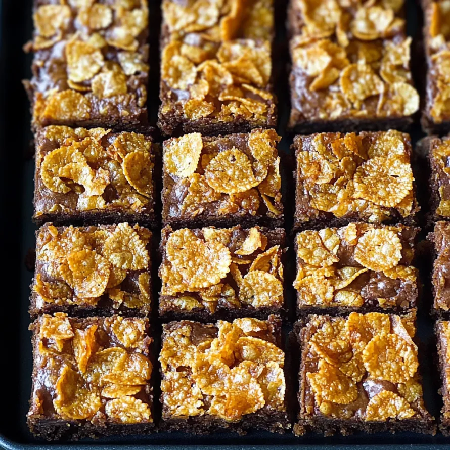Um quadrado de bolo de chocolate com cereais crocantes por cima.