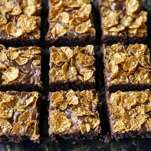 Um quadrado de bolo de chocolate com cereais crocantes por cima.