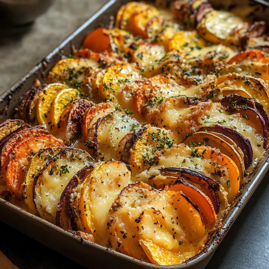 Um tabuleiro com vários vegetais gratinados.