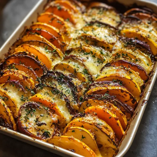 Um tabuleiro com variedade de vegetais gratinados.