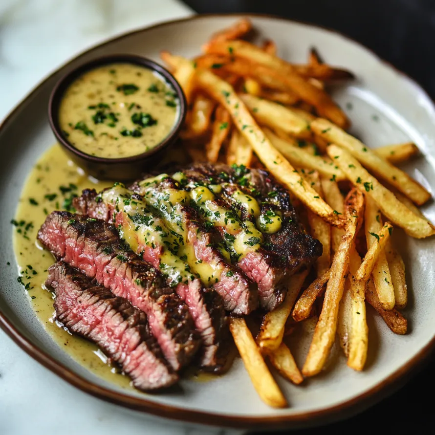 Um prato com bife e batatas fritas.