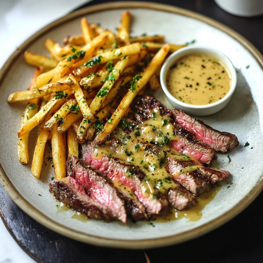 Um prato de bife e batatas fritas.