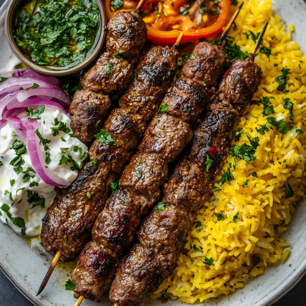Prato com carne grelhada, arroz com açafrão, tomates assados, cebolas e molho para acompanhar.