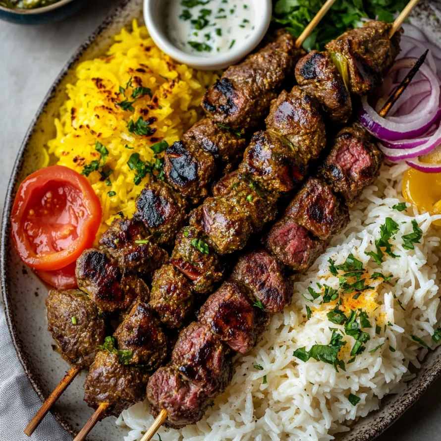 A plate of food with rice and meat.