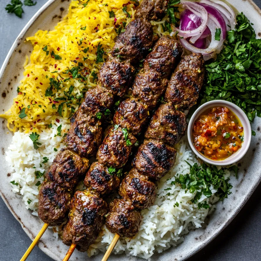A plate of food with meat and rice.